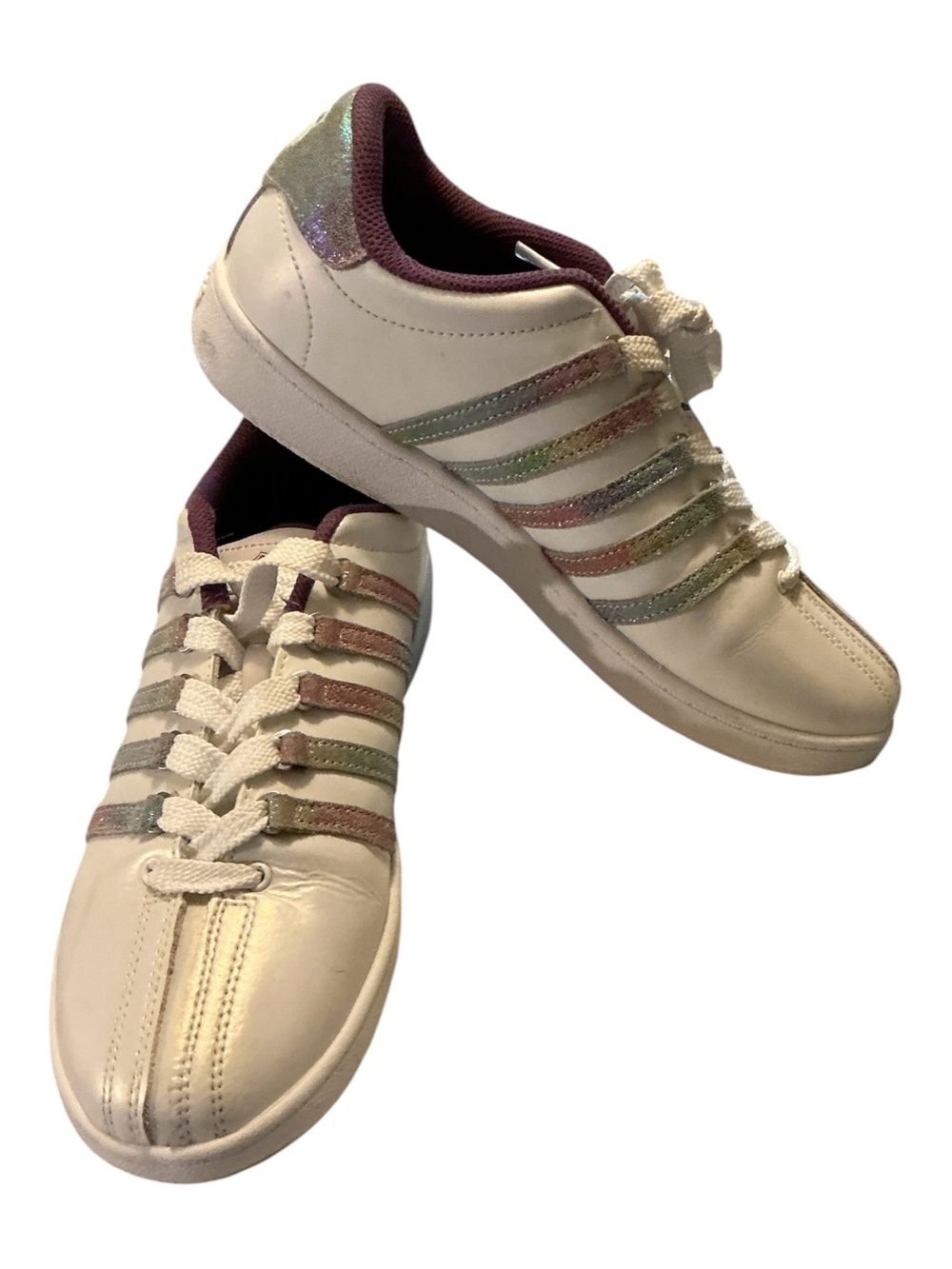 Varsity White Low-Top Sneakers with Iridescent Rainbow Straps